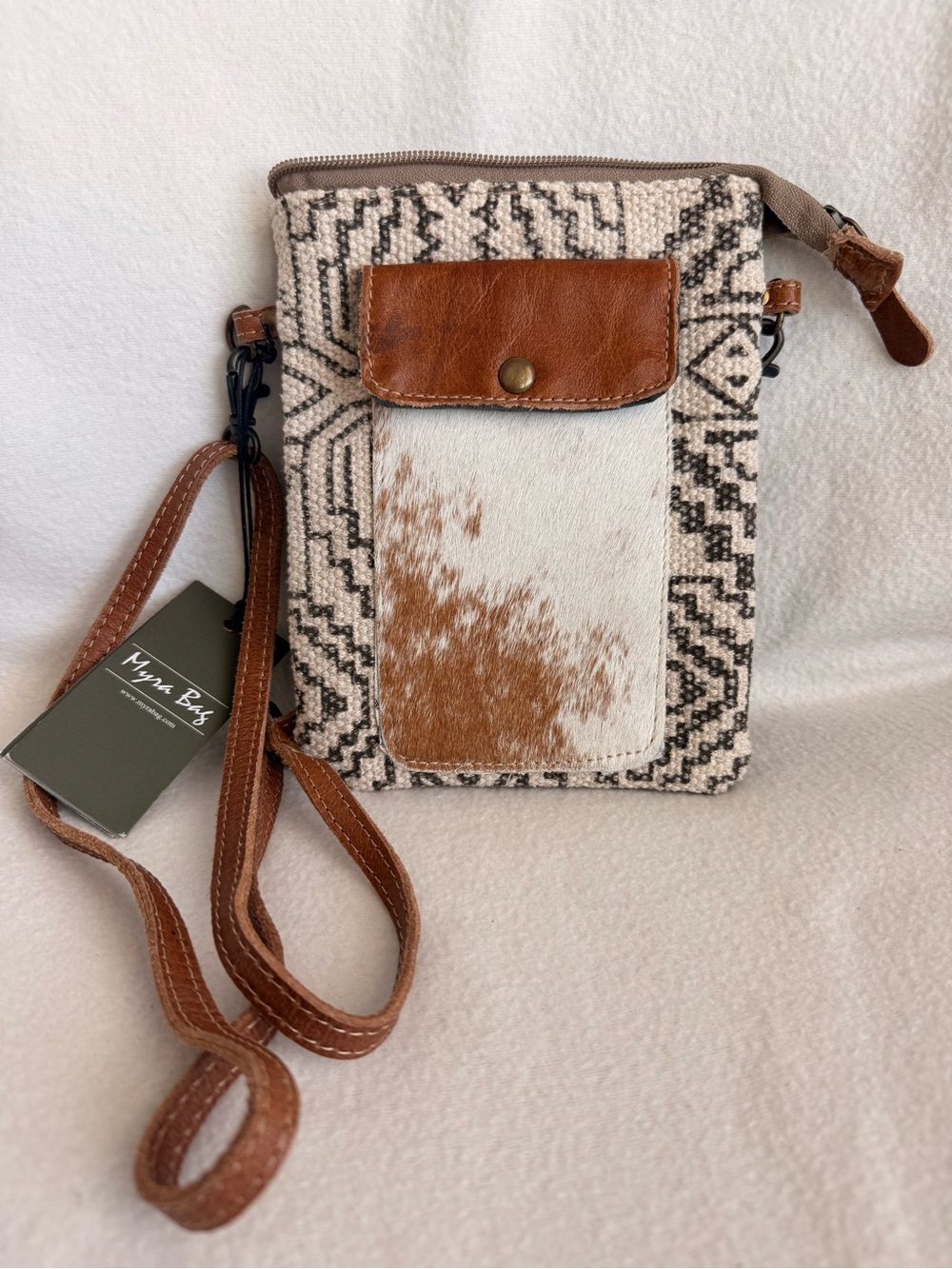 Myra Bag Brown and Cream Woven Cowhide Crossbody